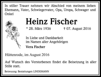Traueranzeige von Heinz Fischer  von Magdeburger Volksstimme