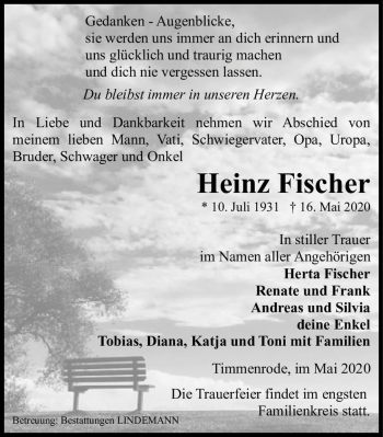 Traueranzeige von Heinz Fischer  von Magdeburger Volksstimme