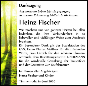 Traueranzeige von Heinz Fischer  von Magdeburger Volksstimme