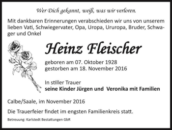Traueranzeige von Heinz Fleischer  von Magdeburger Volksstimme