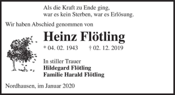 Traueranzeige von Heinz Flötling  von Magdeburger Volksstimme