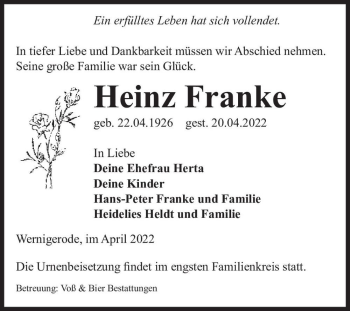 Traueranzeige von Heinz Franke  von Magdeburger Volksstimme