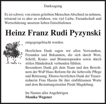 Traueranzeige von Heinz Franz Rudi Pyzynski  von Magdeburger Volksstimme