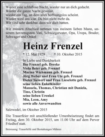 Traueranzeige von Heinz Frenzel  von Magdeburger Volksstimme