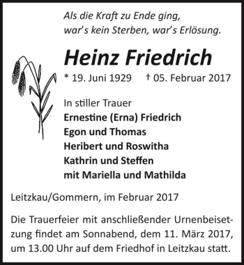 Traueranzeige von Heinz Friedrich  von Magdeburger Volksstimme