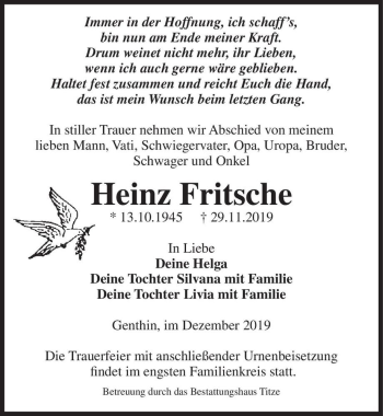 Traueranzeige von Heinz Fritsche  von Magdeburger Volksstimme