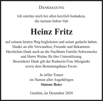 Traueranzeige von Heinz Fritz  von Magdeburger Volksstimme