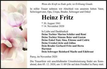 Traueranzeige von Heinz Fritz  von Magdeburger Volksstimme