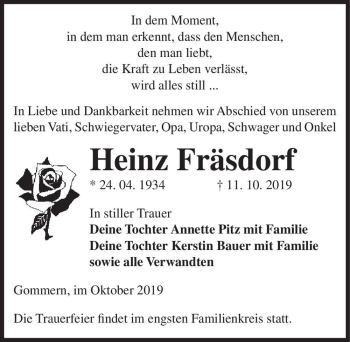Traueranzeige von Heinz Fräsdorf  von Magdeburger Volksstimme