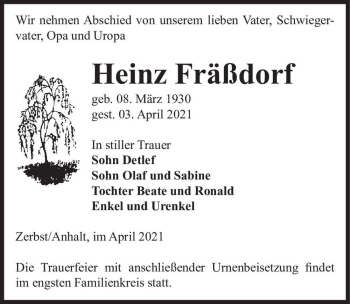 Traueranzeige von Heinz Fräßdorf  von Magdeburger Volksstimme