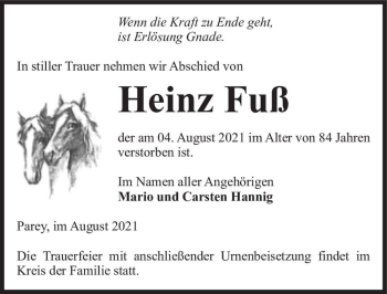 Traueranzeige von Heinz Fuß  von Magdeburger Volksstimme