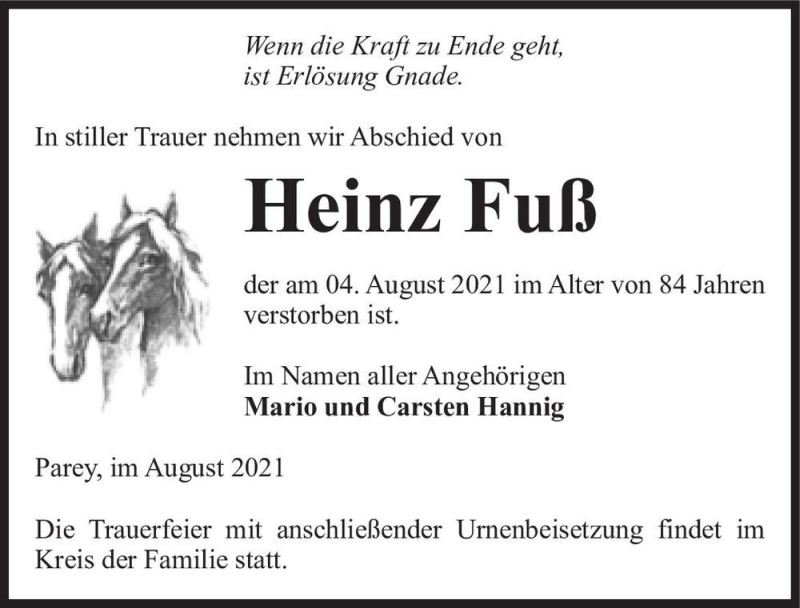  Traueranzeige für Heinz Fuß  vom 14.08.2021 aus Magdeburger Volksstimme