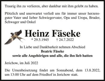 Traueranzeige von Heinz Fäseke  von Magdeburger Volksstimme