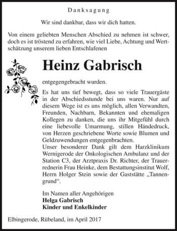 Traueranzeige von Heinz Gabrisch  von Magdeburger Volksstimme