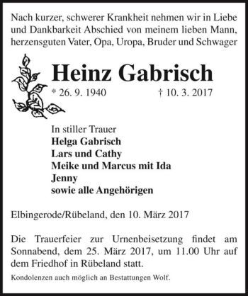 Traueranzeige von Heinz Gabrisch  von Magdeburger Volksstimme