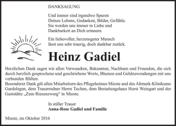 Traueranzeige von Heinz Gadiel  von Magdeburger Volksstimme
