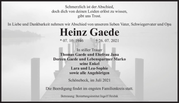Traueranzeige von Heinz Gaede  von Magdeburger Volksstimme