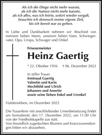 Traueranzeige von Heinz Gaertig  von Magdeburger Volksstimme