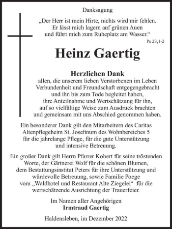 Traueranzeige von Heinz Gaertig  von Magdeburger Volksstimme
