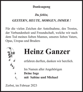 Traueranzeige von Heinz Ganzer  von Magdeburger Volksstimme