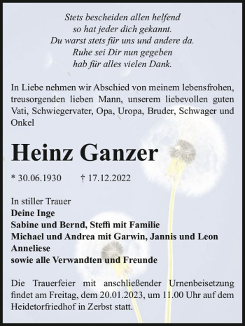 Traueranzeige von Heinz Ganzer  von Magdeburger Volksstimme