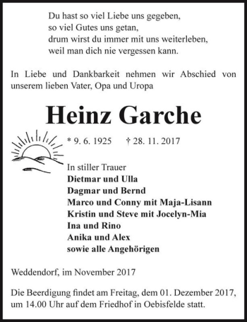 Traueranzeige von Heinz Garche  von Magdeburger Volksstimme