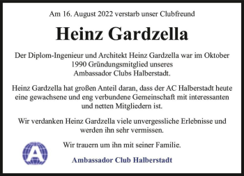 Traueranzeige von Heinz Gardzella  von Magdeburger Volksstimme