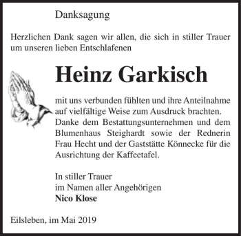 Traueranzeige von Heinz Garkisch  von Magdeburger Volksstimme