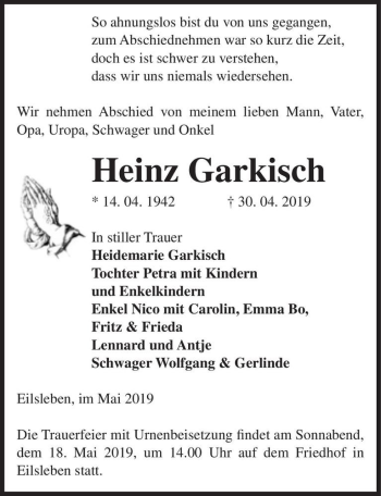 Traueranzeige von Heinz Garkisch  von Magdeburger Volksstimme