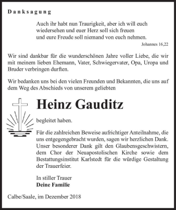 Traueranzeige von Heinz Gauditz  von Magdeburger Volksstimme