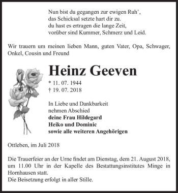Traueranzeige von Heinz Geeven  von Magdeburger Volksstimme