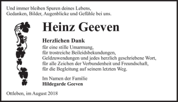 Traueranzeige von Heinz Geeven  von Magdeburger Volksstimme