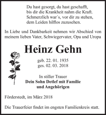 Traueranzeige von Heinz Gehn  von Magdeburger Volksstimme