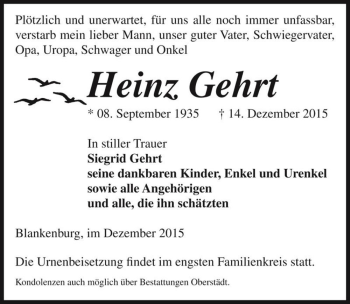 Traueranzeige von Heinz Gehrt  von Magdeburger Volksstimme
