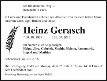 Traueranzeige von Heinz Gerasch  von Magdeburger Volksstimme