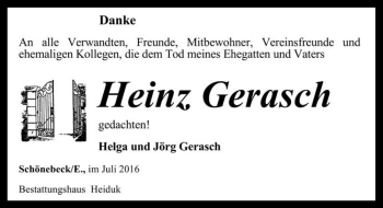 Traueranzeige von Heinz Gerasch  von Magdeburger Volksstimme