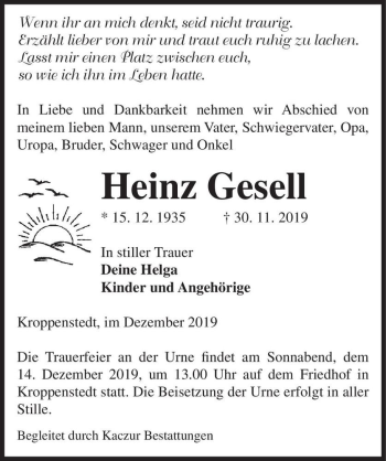Traueranzeige von Heinz Gesell  von Magdeburger Volksstimme