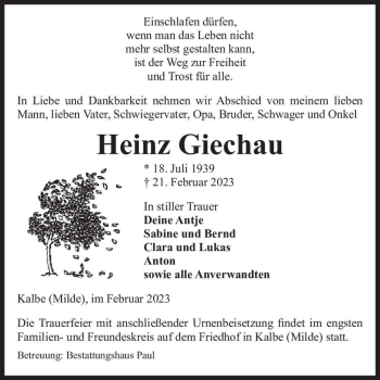 Traueranzeige von Heinz Giechau  von Magdeburger Volksstimme