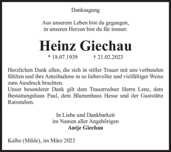 Traueranzeige von Heinz Giechau  von Magdeburger Volksstimme