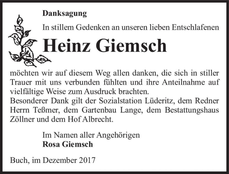  Traueranzeige für Heinz Giemsch  vom 16.12.2017 aus Magdeburger Volksstimme