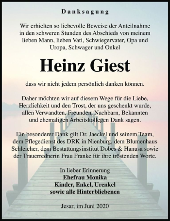 Traueranzeige von Heinz Giest  von Magdeburger Volksstimme