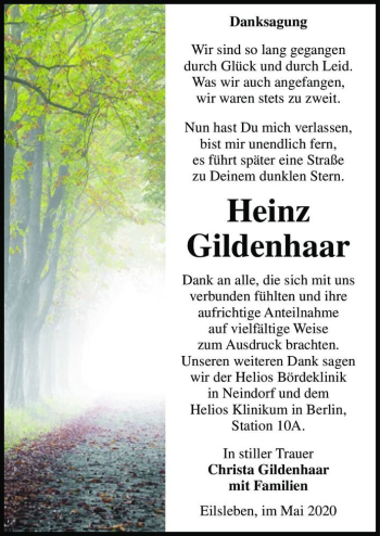 Traueranzeige von Heinz Gildenhaar  von Magdeburger Volksstimme