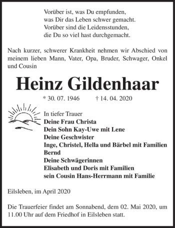 Traueranzeige von Heinz Gildenhaar  von Magdeburger Volksstimme