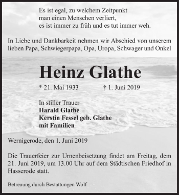 Traueranzeige von Heinz Glathe  von Magdeburger Volksstimme
