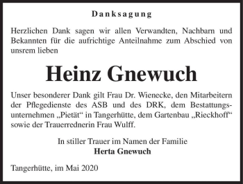 Traueranzeige von Heinz Gnewuch  von Magdeburger Volksstimme