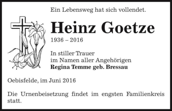 Traueranzeige von Heinz Goetze  von Magdeburger Volksstimme