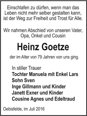 Traueranzeige von Heinz Goetze  von Magdeburger Volksstimme