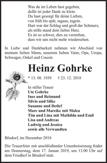 Traueranzeige von Heinz Gohrke  von Magdeburger Volksstimme