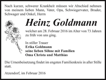Traueranzeige von Heinz Goldmann  von Magdeburger Volksstimme