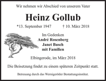 Traueranzeige von Heinz Gollub  von Magdeburger Volksstimme